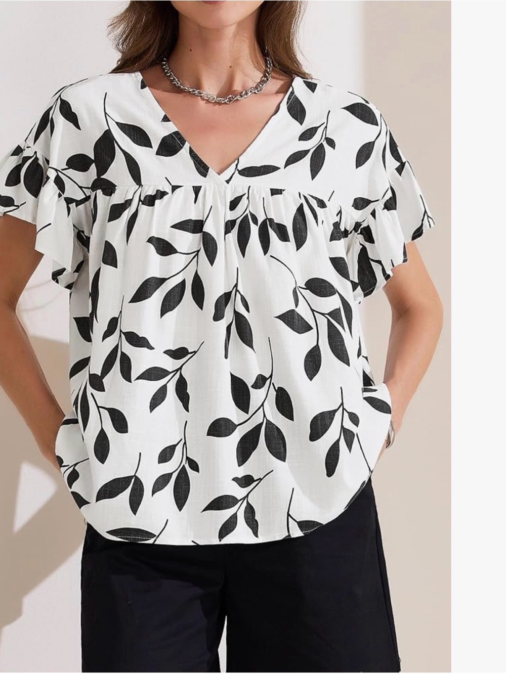 Allegra K White V-Neck Ruffle Sleeve Blouse with gray Leaf Print